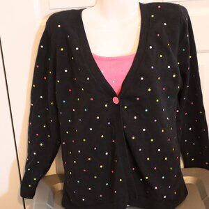 Quacker Factory Polka Dot Sweater Mock Twin Set Cardigan With Attached Shell